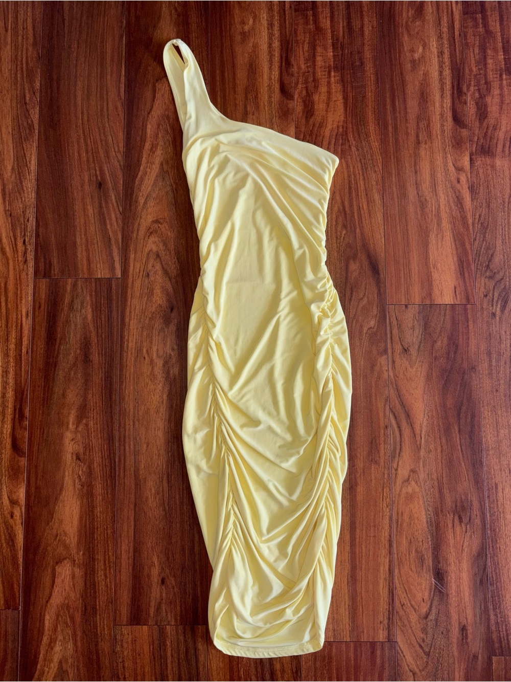 One-Shoulder Butter Yellow Ruched Bodycon Dress